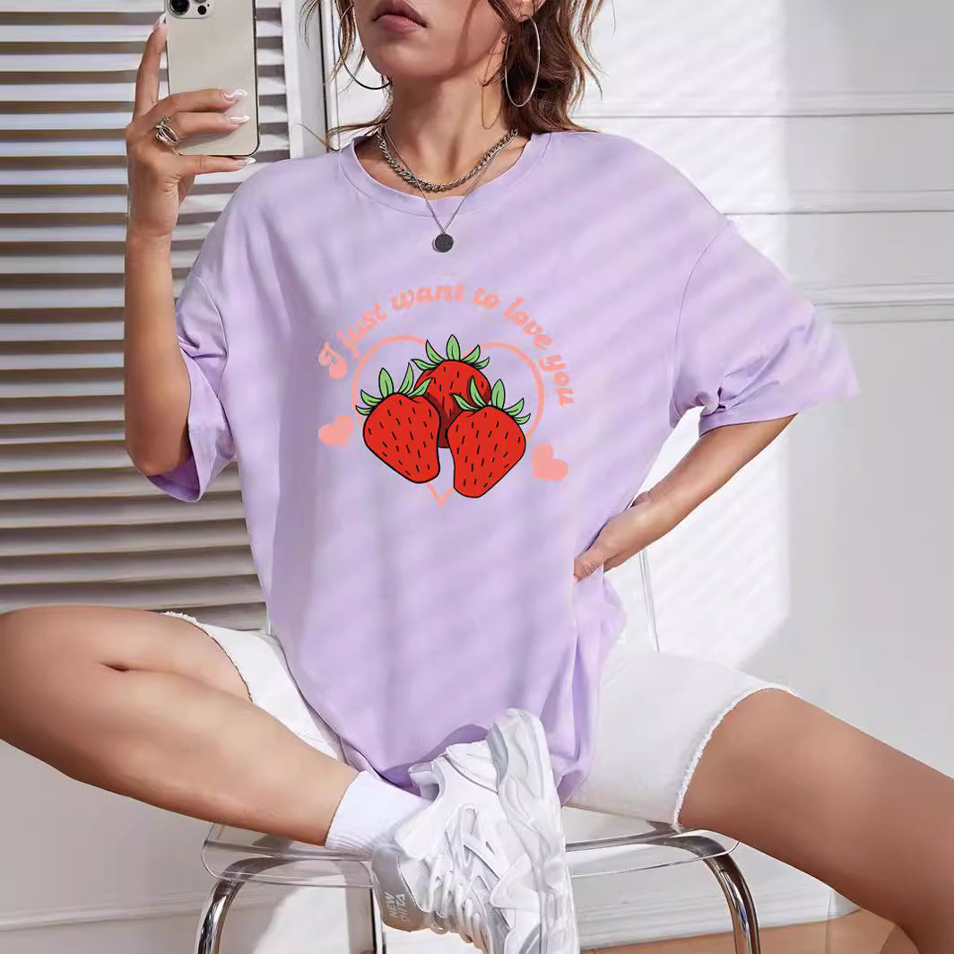 Dame oversized T-shirt med jordbær-motiv Stilla