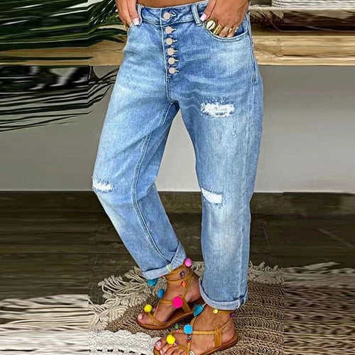 Kvinders afslappede jeans med høje knapper og slidte detaljer Stilla