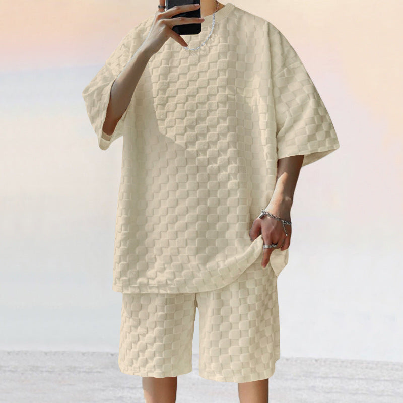 Unisex nan overdimensioneret fritids-sæt i struktureret vaffelkvalitet med rund halsudskæring og løs pasform Bermuda shorts Skovae