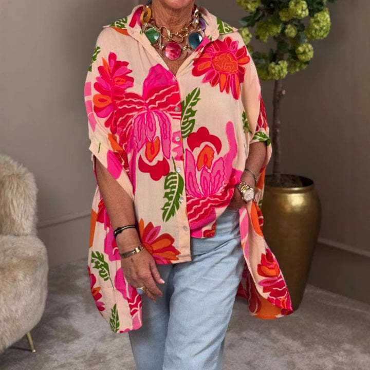 Dame nan luftig Oversize-skjorte bluse i Resort stil med stort blomstertryk og asymmetrisk spids kant Skovae
