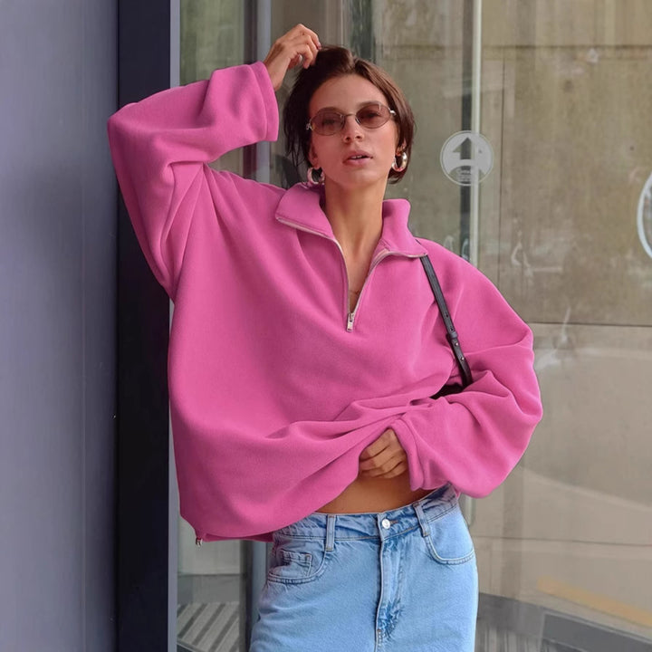 Dame fleece sweatshirt med kort lynlås og brede ærmer Stilla