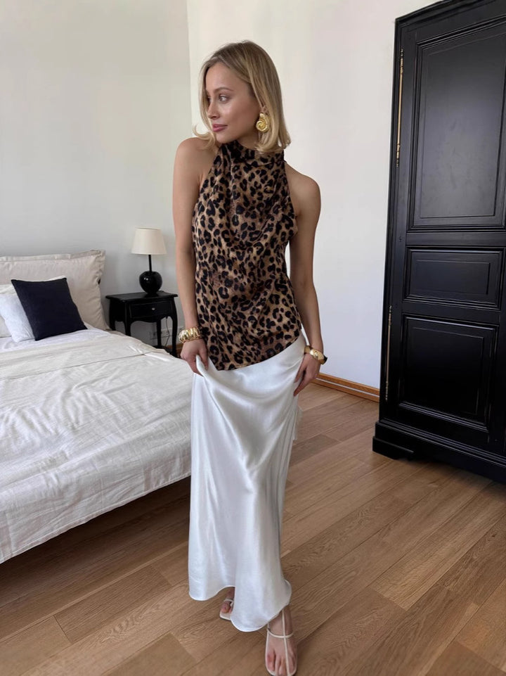 Dame Elegant Varetop i blødt faldende stof med moderigtigt leopardmønster Stilla