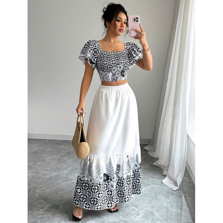 Dame Crop-top med voluminøse ærmer og elegant nederdel Stilla