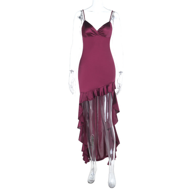 Dame elegant Maxi-Jersey-kjole med asymmetrisk flæsekant og smalle stropper Skovae