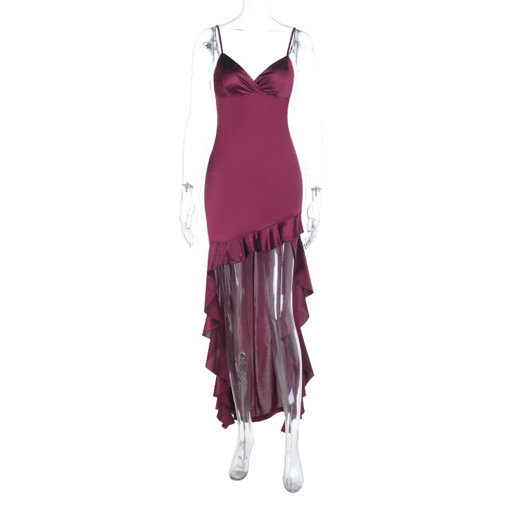 Dame elegant Maxi-Jersey-kjole med asymmetrisk flæsekant og smalle stropper Skovae