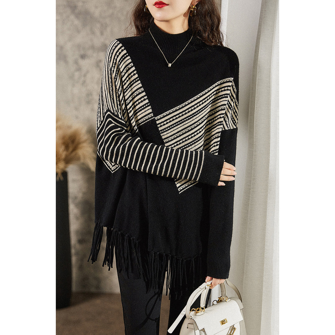 Kvinders oversized sweater med grafisk stribemønster og frynser Stilla