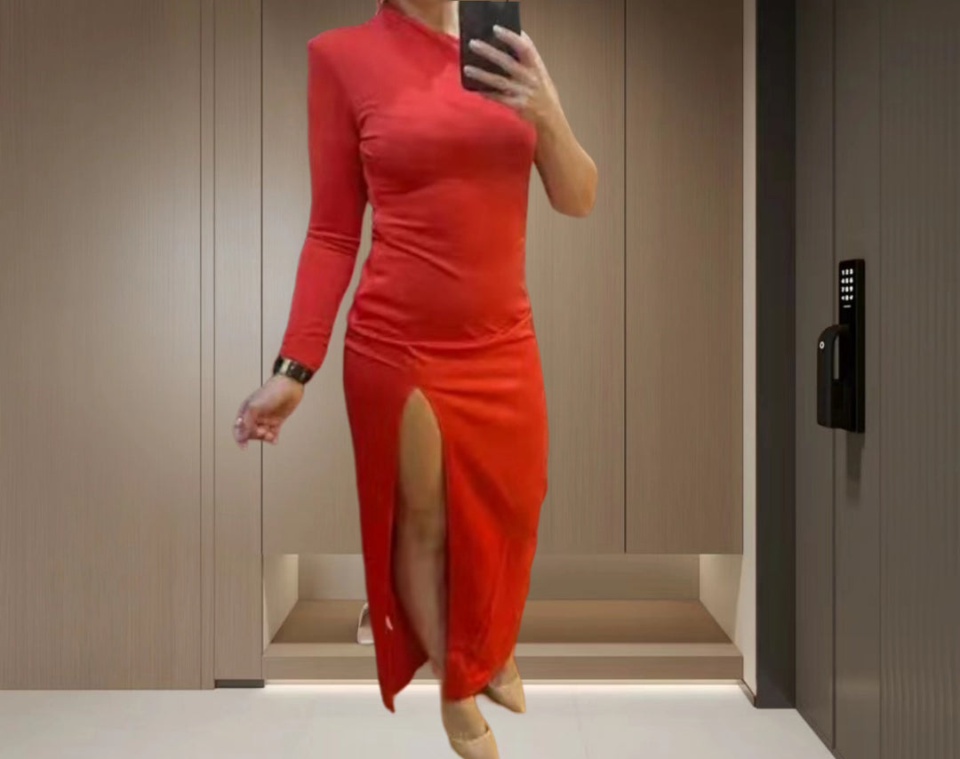 Kvinder Elegant Asymmetrisk Aftenkjole med Høj Slids og Lang Ærme Skovae
