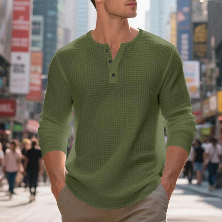 Herrer langærmet Henley-shirt med struktureret vaffelmønster Stilla