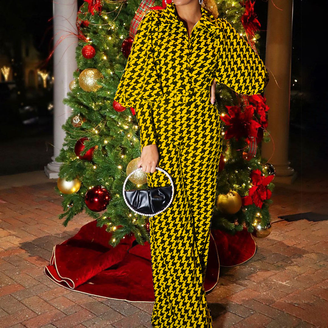 Dame maxikjole i iøjnefaldende houndstooth-mønster med elegante puffærmer og bælte Stilla