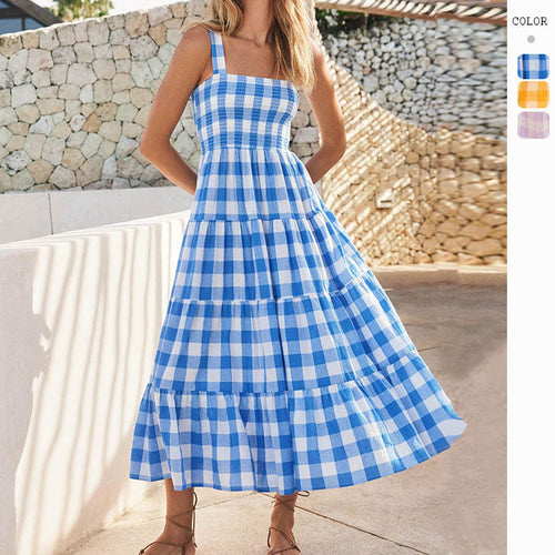 Dame sommer maxi kjoler med ternet design og stropper Skovae