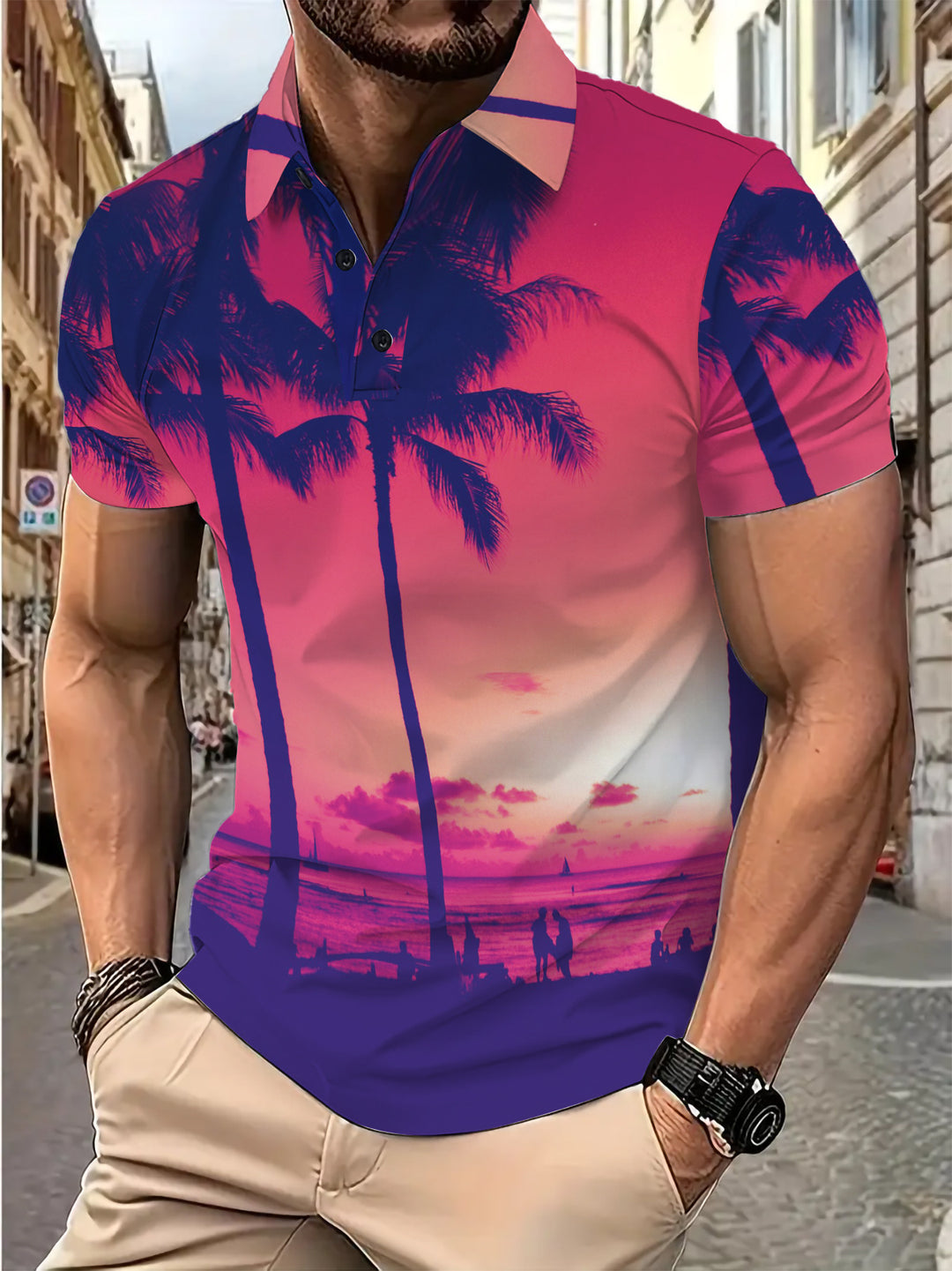 Herre poloshirt med tropisk fotoprint og høj kvalitets åndbar bomuld Stilla