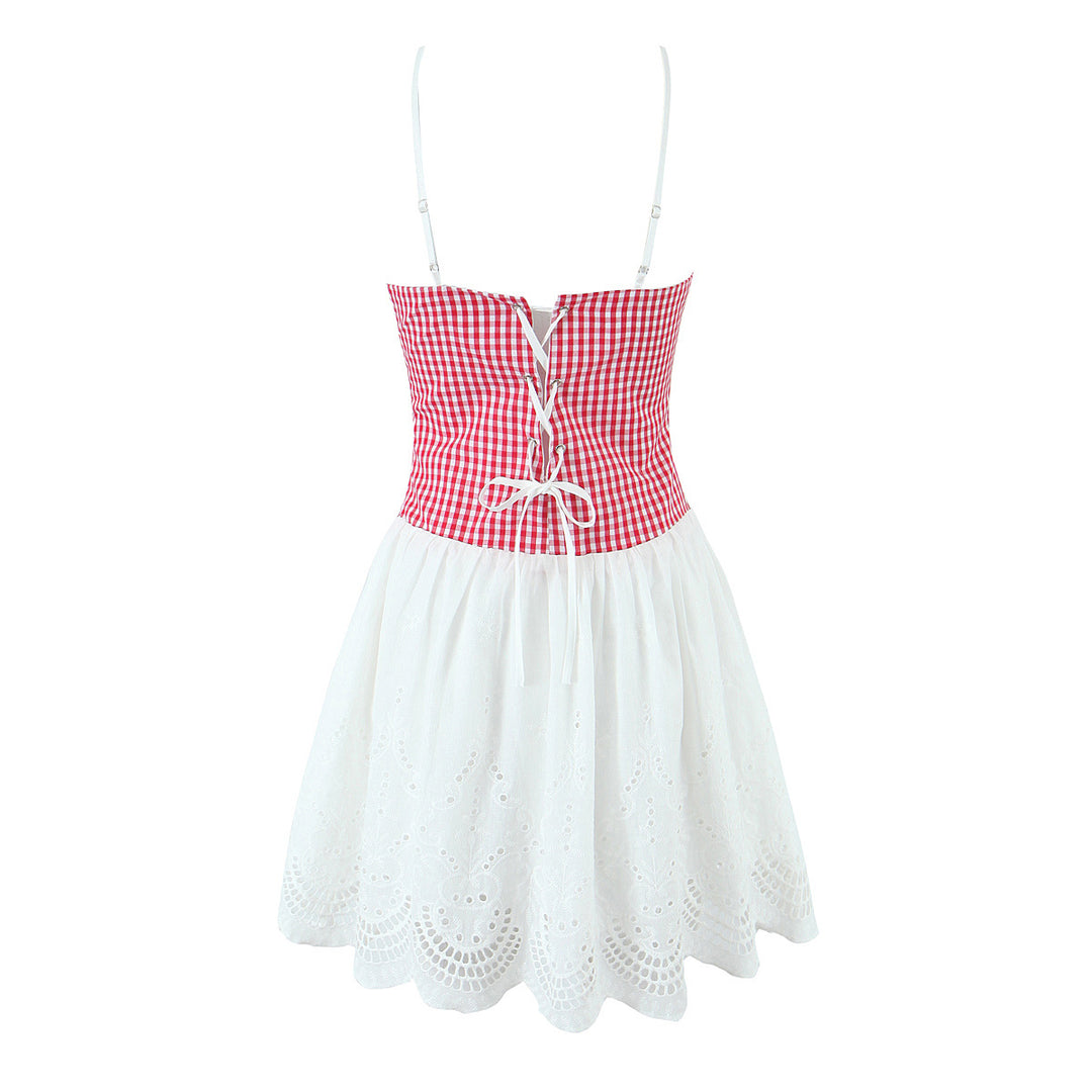 Dame fritidkjole med ruffles detaljer og ternet overdel Stilla
