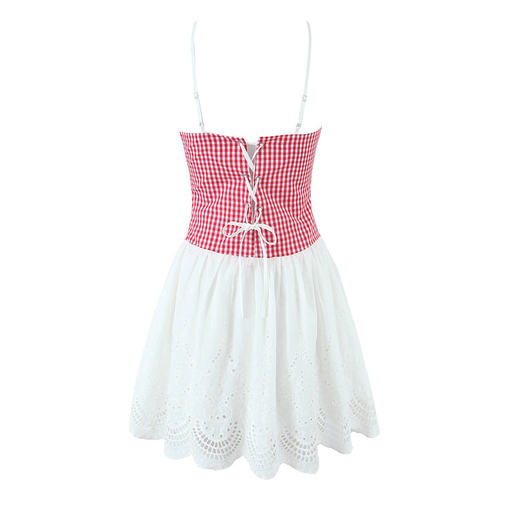 Dame fritidkjole med ruffles detaljer og ternet overdel Stilla