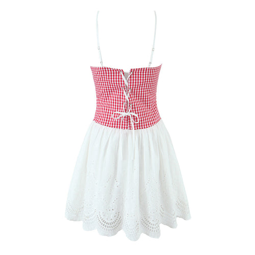 Dame fritidkjole med ruffles detaljer og ternet overdel Stilla