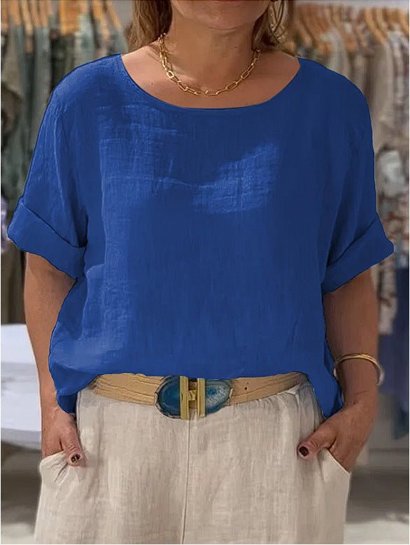 Dame Letvægt Linne Bluse med Casual Snit og Oprullede Ærmer Stilla