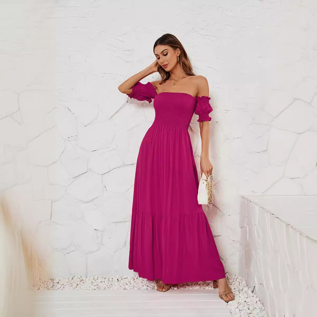 Dame Maxikjole med off-shoulder snit og romantiske puffærmer Stilla