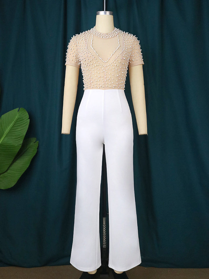Dame elegant jumpsuit med glitrende perlebesætning Skovae