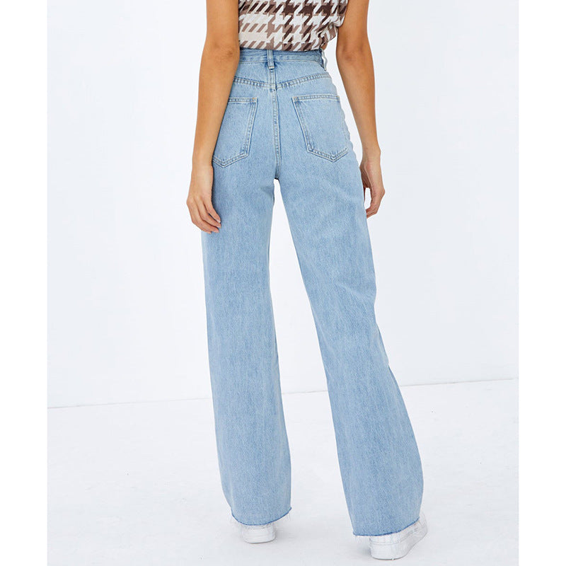 Dame Høj Talje Bred Ben Jeans med frynset afslutning Stilla
