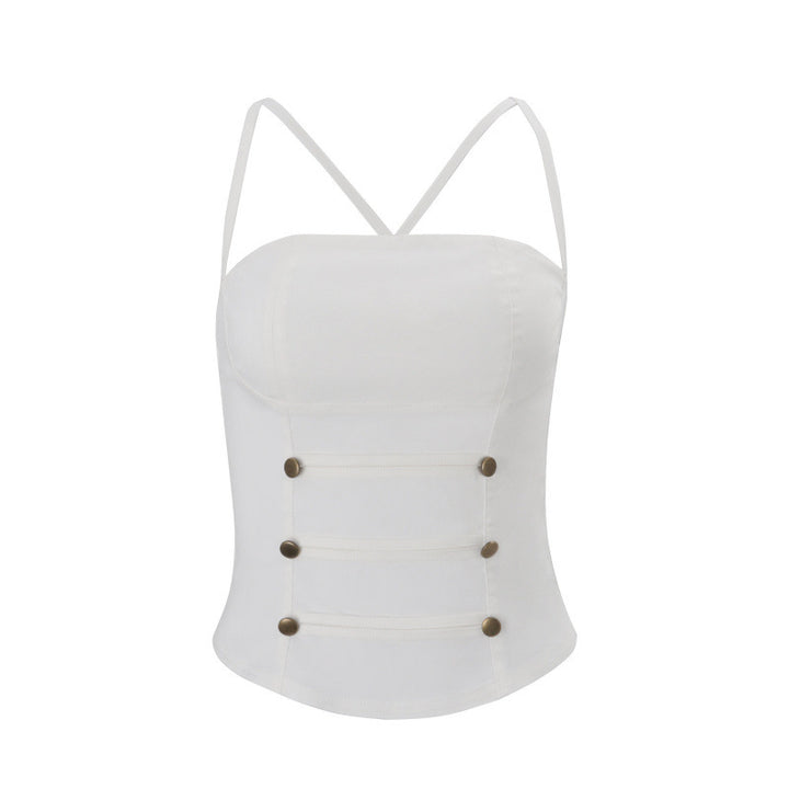 Damen Stylisches Top mit verstellbaren Spaghettiträgern und Knopfdetail Skovae