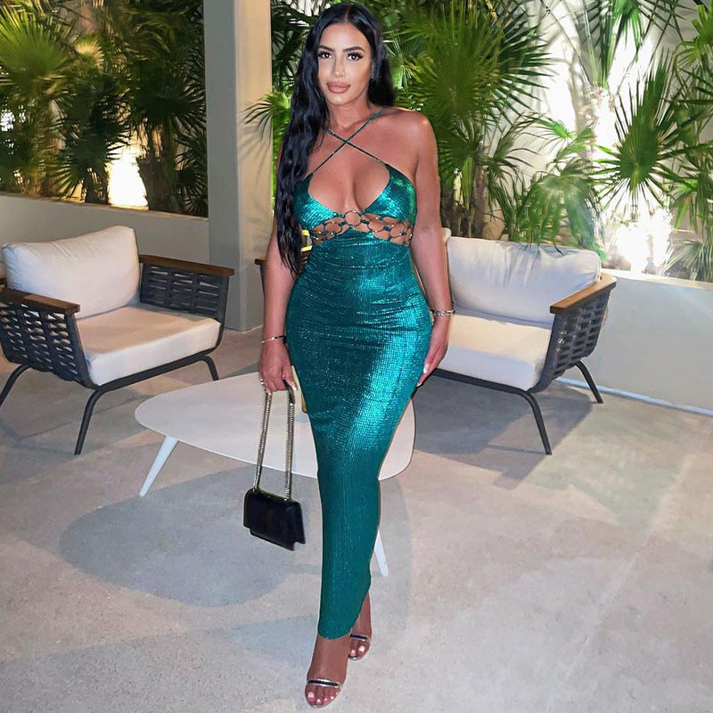 Dame Elegant Maxikjole med dyb udskæring og dekorativ metalbesætning Stilla