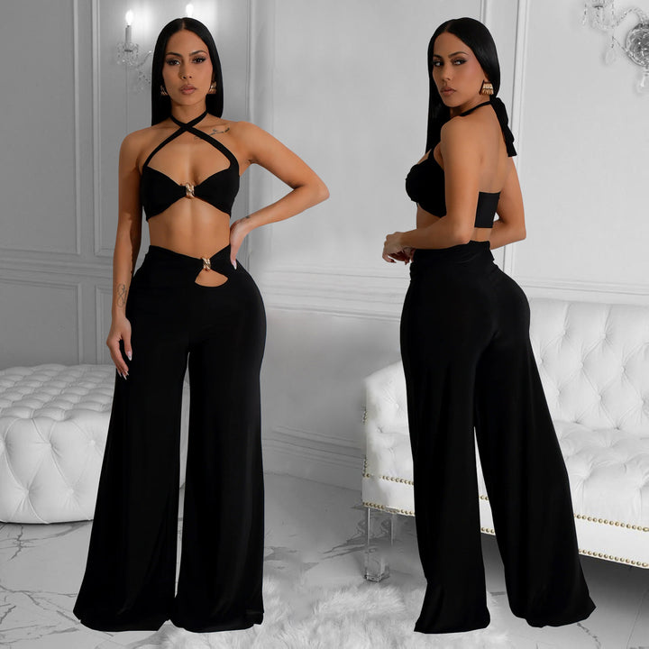Dame Sexy Cut-Out To-delt Sæt med Cropped Top og Bredbukser Stilla