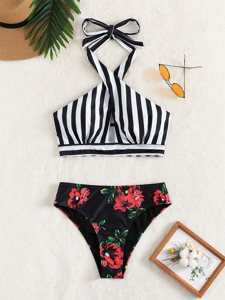 Dame Højthårede bikini med blomstermotiv og trendy indpaknings-top Skovae
