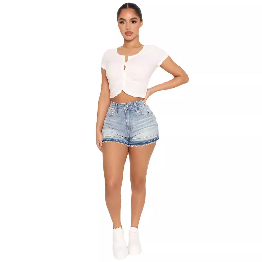 Dame denim shorts i afslappet destroyed look med høj talje Stilla