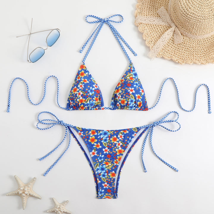 Dame Triangel-Bikini-Sæt med legesygt blomsterprint og fine bindebånd Skovae