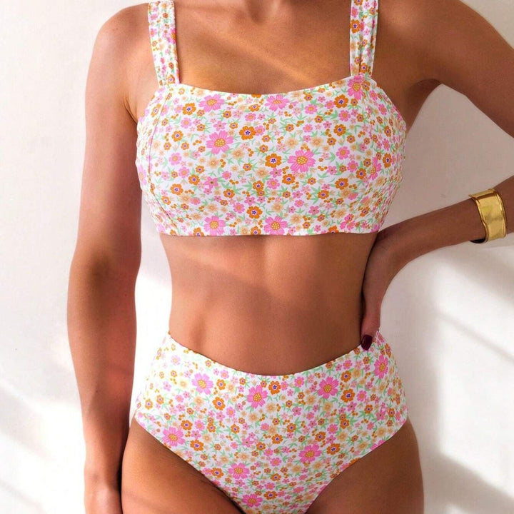 Dame To-delt Crop-top bikini-sæt med blomsterdesign og brede stropper Skovae