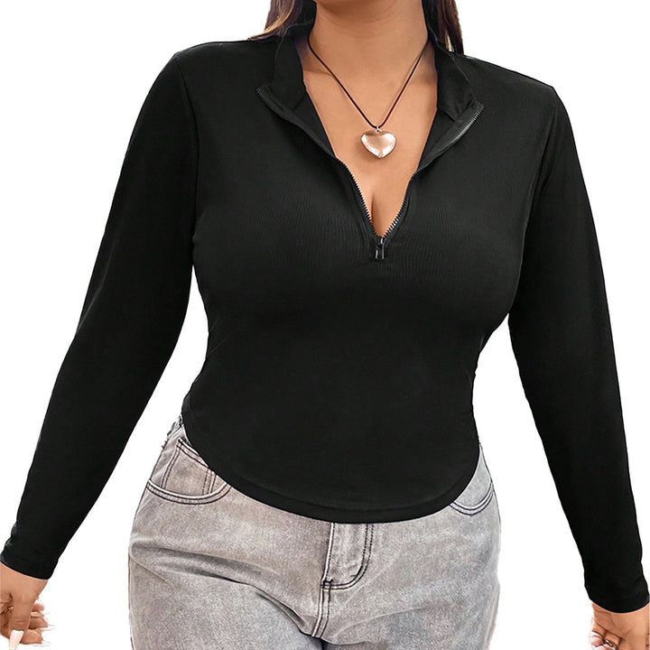 Dame Zip-Up Langærmet bluse med figursyet snit og ribstruktur Stilla