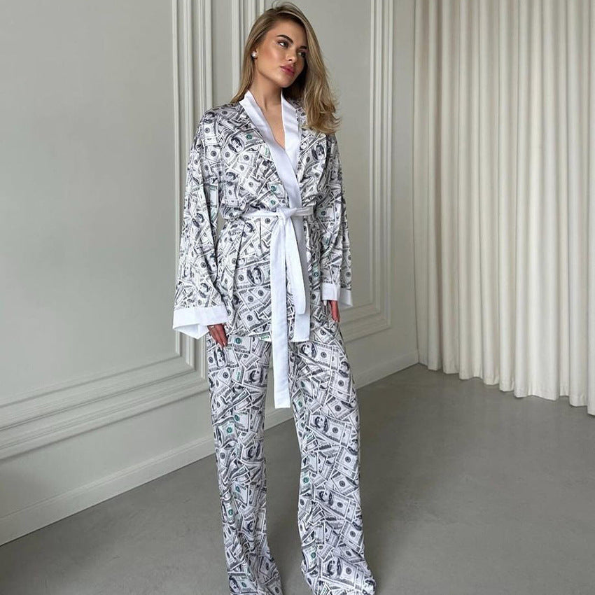 Dame Satin Morgenkåbe og Pyjamas-Sæt med Pengemotiv Stilla