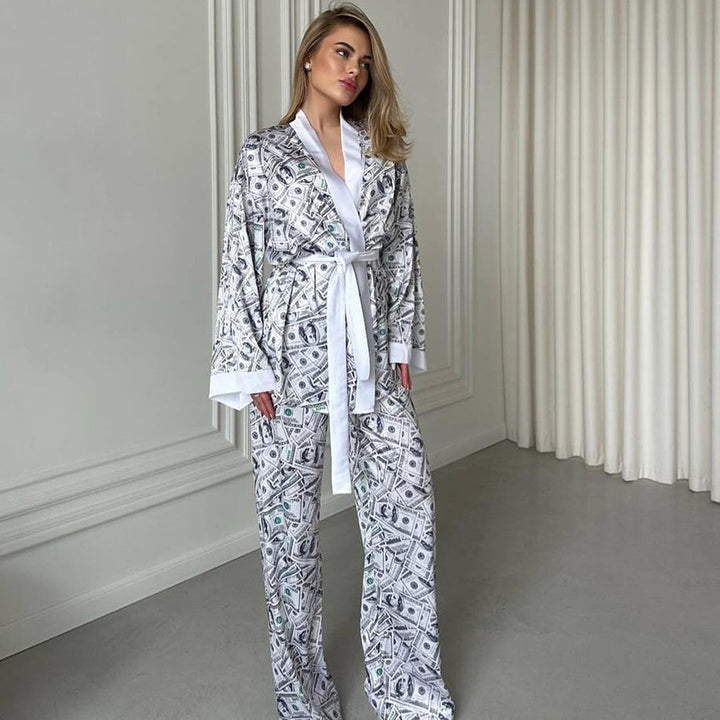 Dame Satin Morgenkåbe og Pyjamas-Sæt med Pengemotiv Stilla