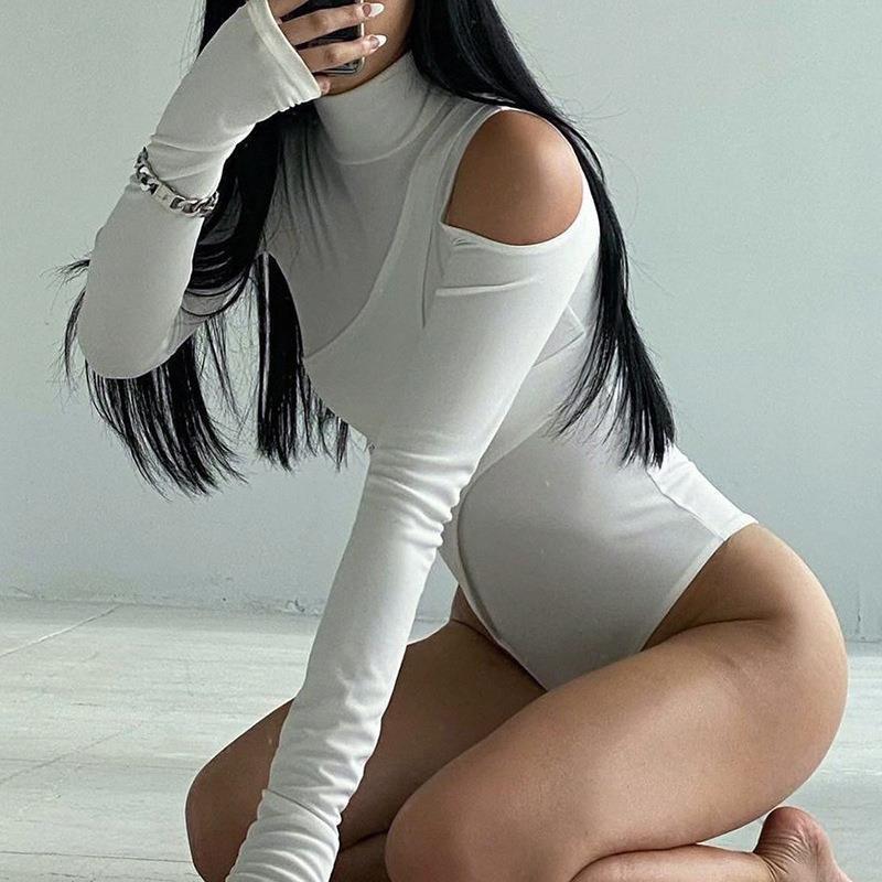 Dame Langærmet Bodysuit med innovativt asymmetrisk design og høj krave Stilla