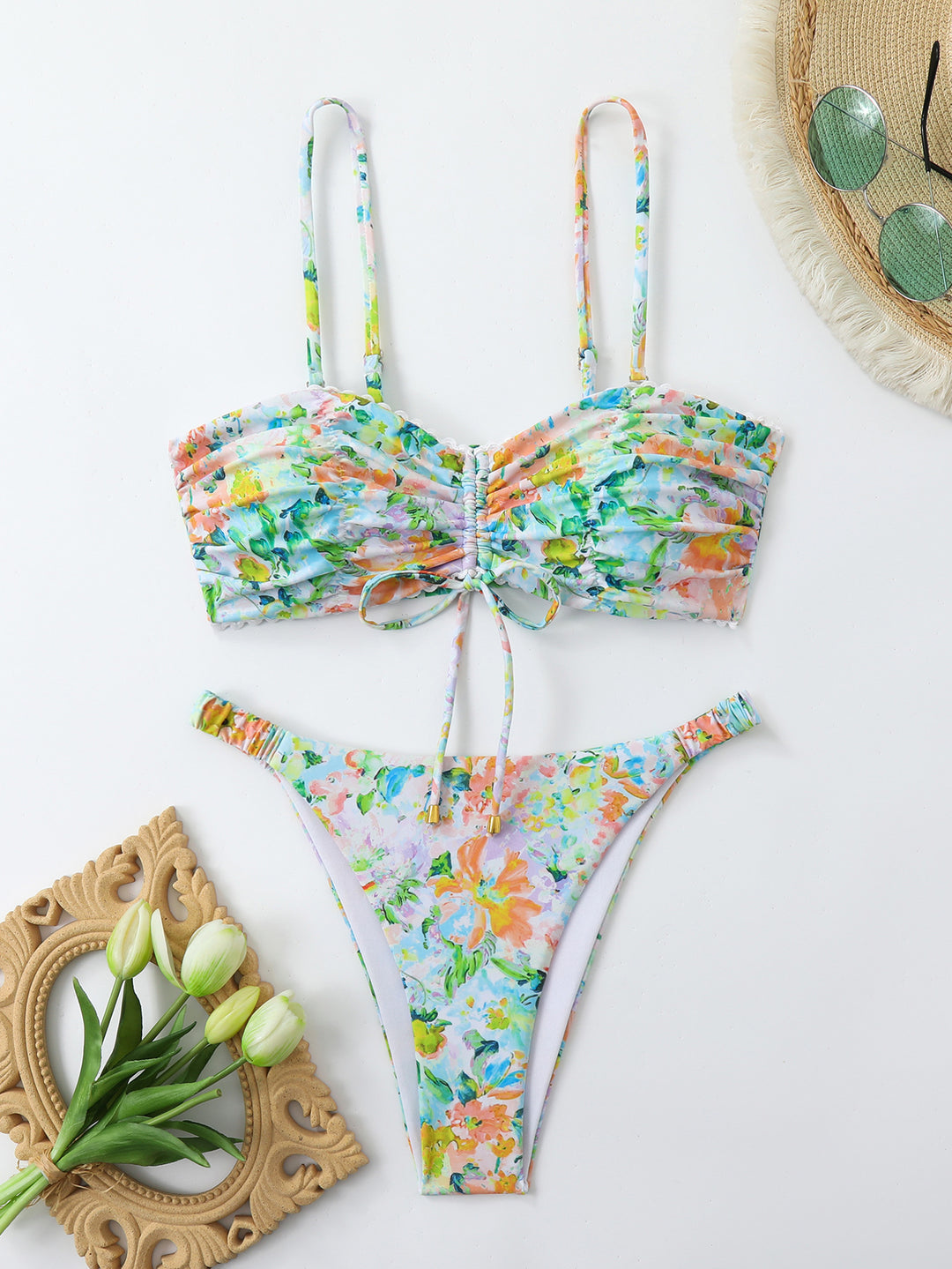Dame-Bikini-sæt med rynkning og romantisk blomsterdesign Skovae