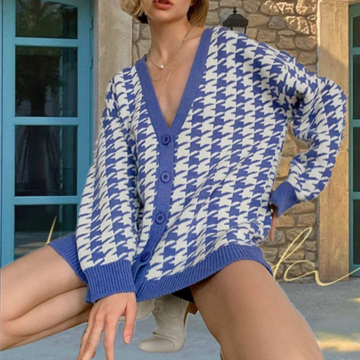 Kvinders mode cardigan i houndstooth mønster Stilla