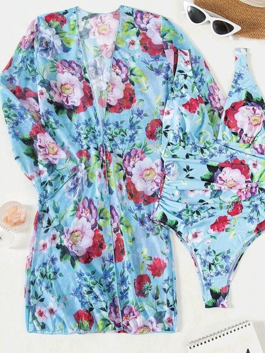 Dame blomsterprint badetøj cover-up og bikini sæt Stilla