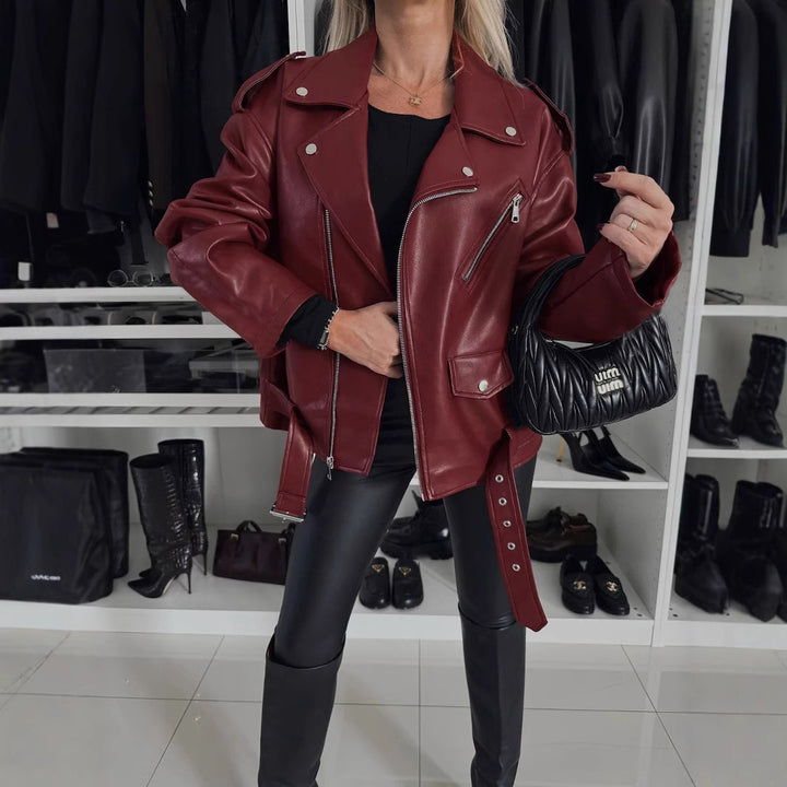 Kvindernes Faux Leather Biker Jakke med Asymmetrisk Lynlås og Sænket Skuldre Stilla