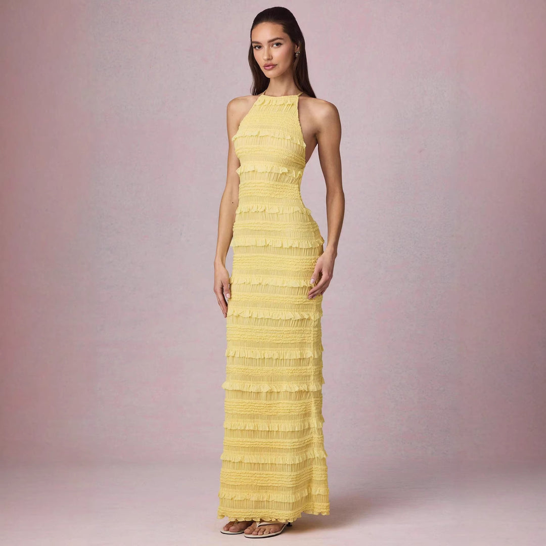 Dame maxi kjole med franges design og elegant halterneck Skovae