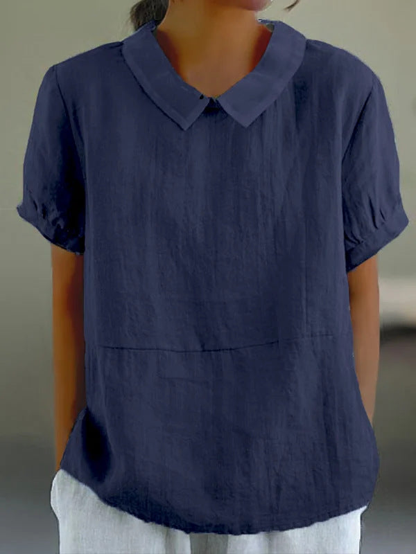 Dame afslappet bluse i let hørstof med elegante kraver Stilla
