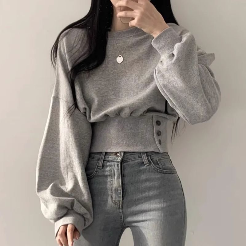 Damer fashionable cropped sweatshirt med puff ærmer Stilla