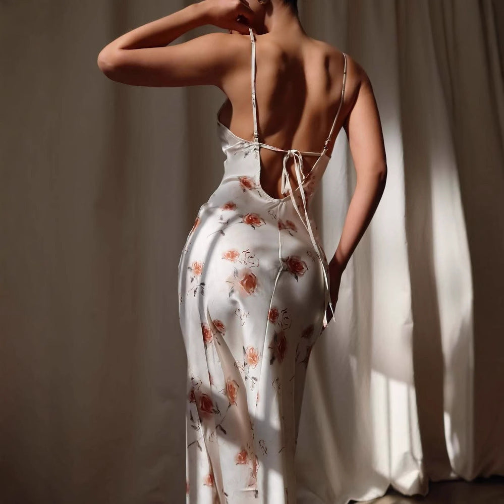 Dame Elegant Satin-Midi-Kjole med floralsk mønster og høj split Stilla