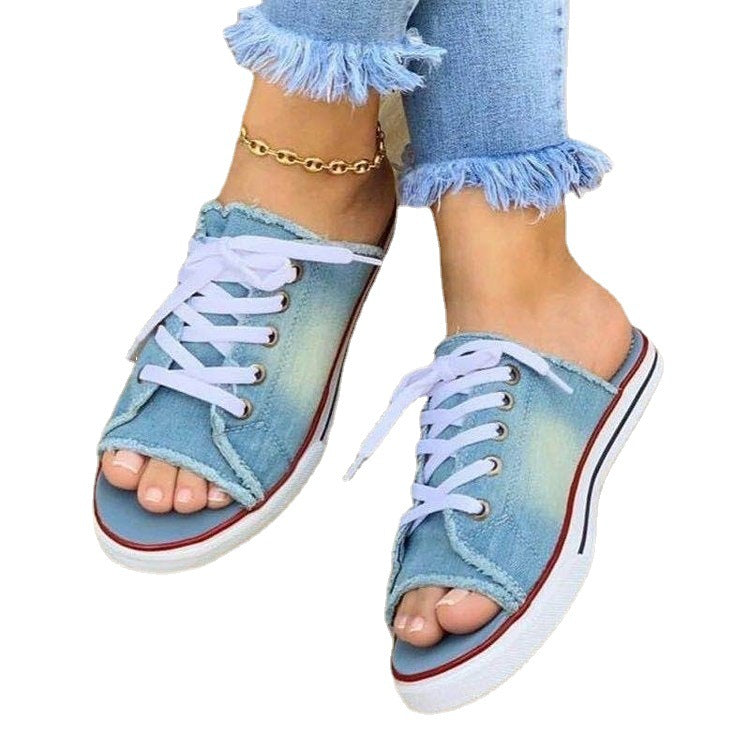 Dame fritidssandaler i denim-stil med fashionable snøredetaljer Stilla