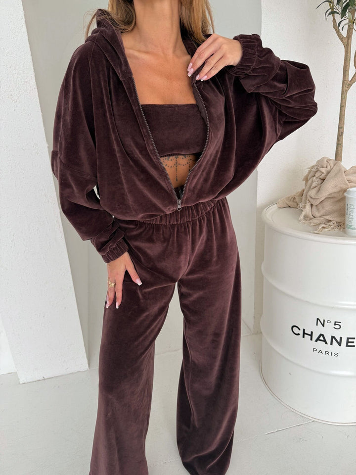 Damer Elegant Fleece Loungewear Sæt med Løs Top og Behagelige Bukser Skovae