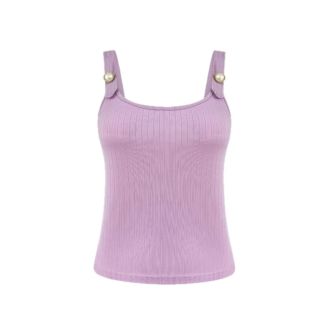 Dame ribstrik top med dekorative knapper Stilla