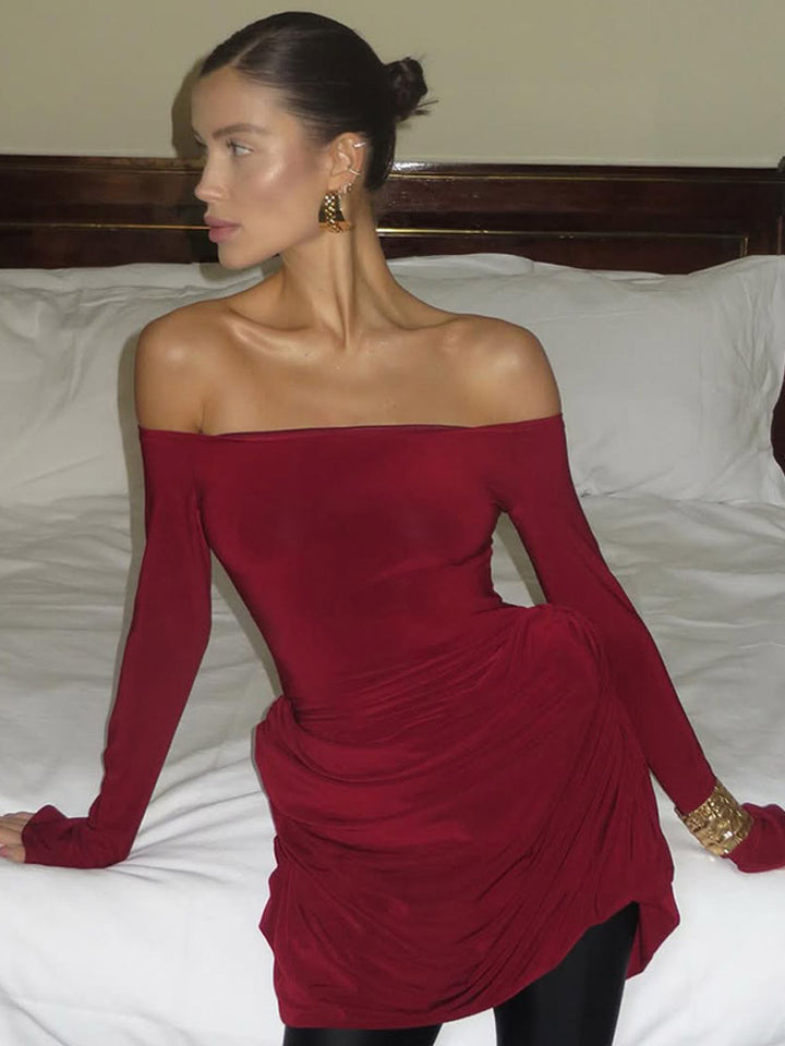 Dame off-shoulder minikjole i elastisk jersey med raffinerede flæsedetaljer Stilla