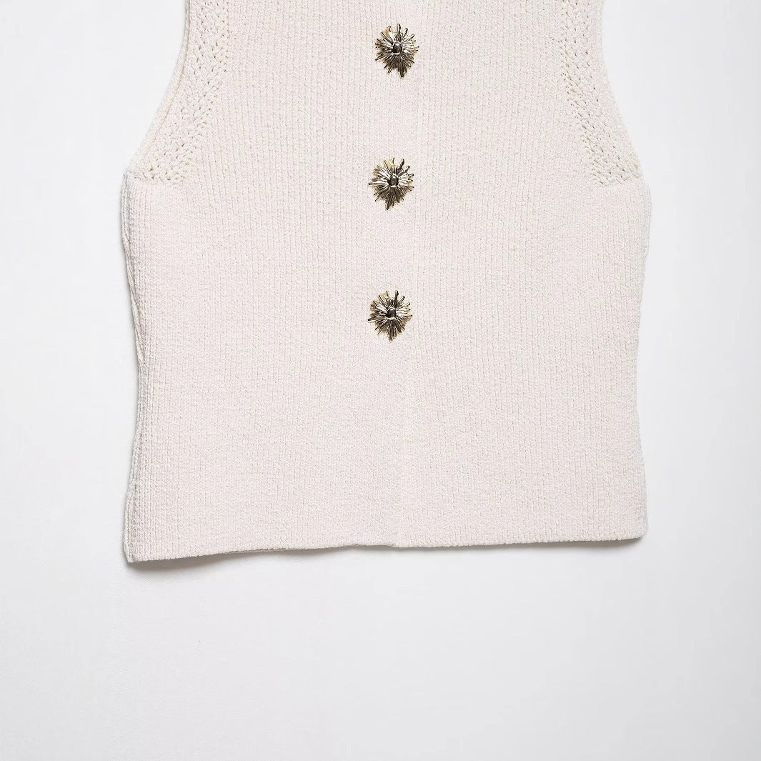 Femme Stilfulde Strikveste med Dekorative Knapper Stilla