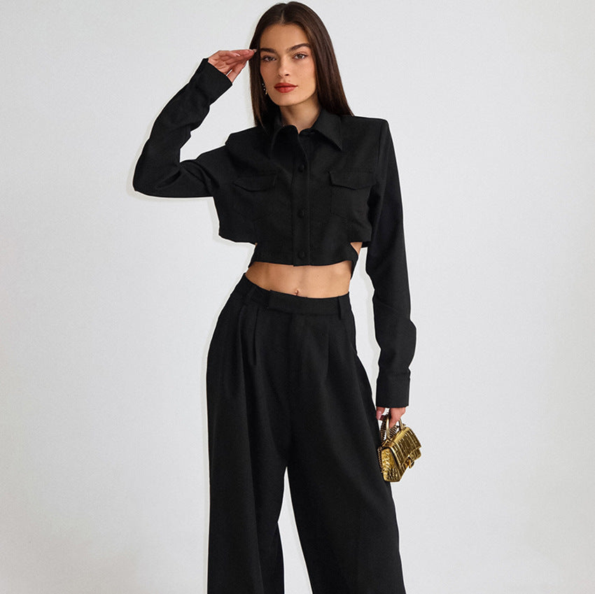 Dame Couture-sæt med cropped skjorte og vide Palazzo-bukser Stilla