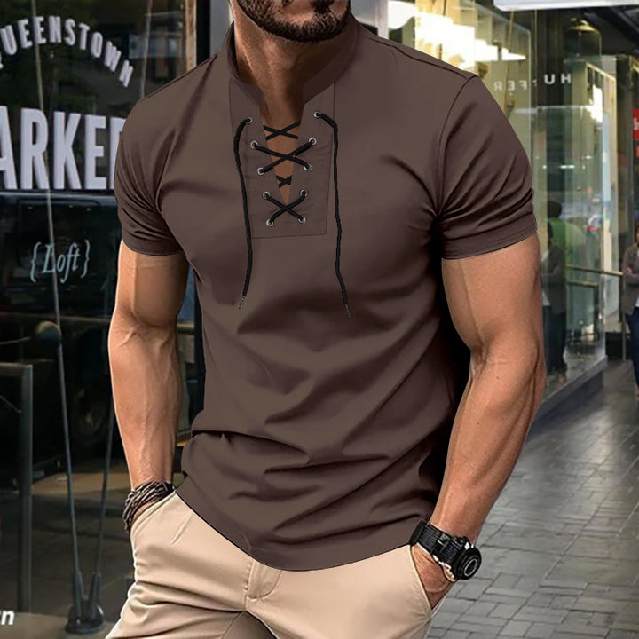 Herre kortærmet Henley-shirt med moderne snøringdesign Stilla