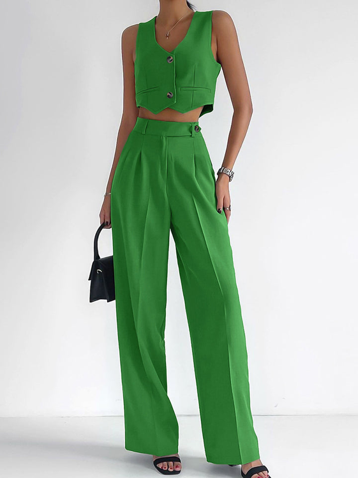 Dame Fashionable To-del-set med figursyet overdel og elegante, brede bukser Stilla