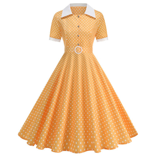 Dame Vintage Polka-Dot Kjole med knapdetaljer og svajende skørt Skovae